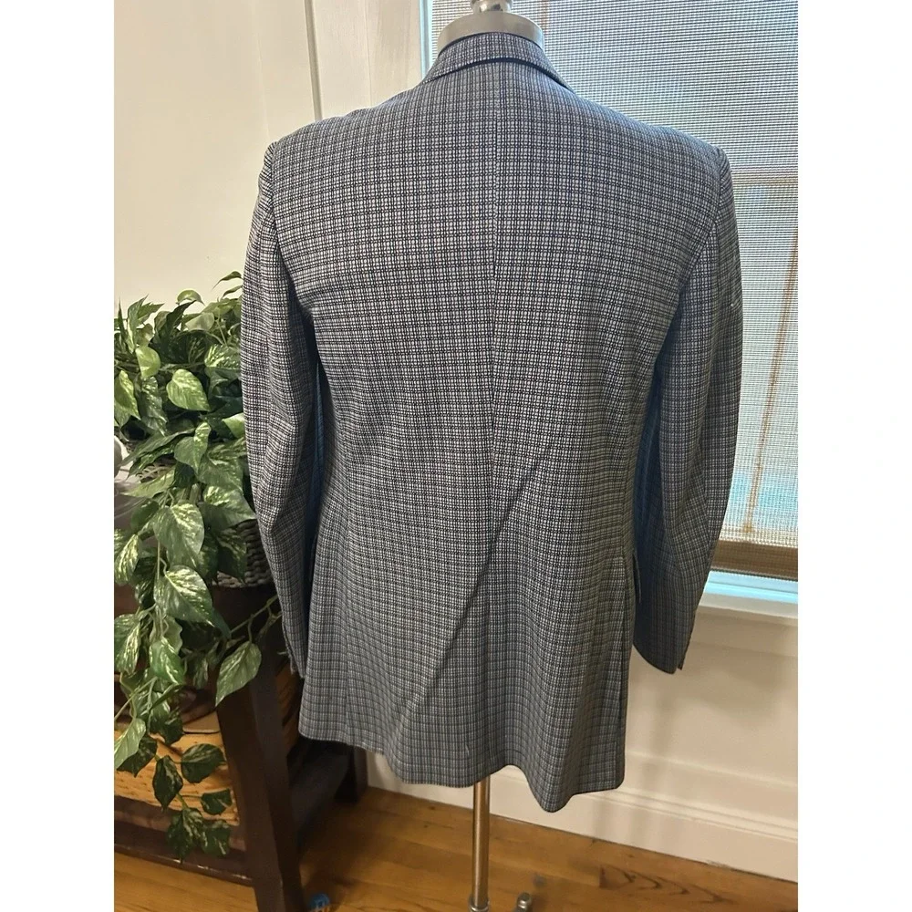 Vtg 70s Blue Gray Maroon Plaid Double Knit Golf Sport Coat Jacket Blazer 40 L